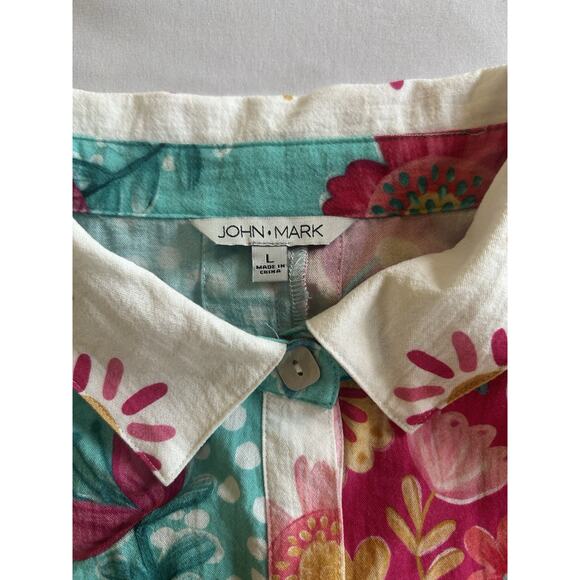 John Mark Floral Boho Button Blouse Womens Size Large Pink Blue Bright Colorful - Picture 3 of 8